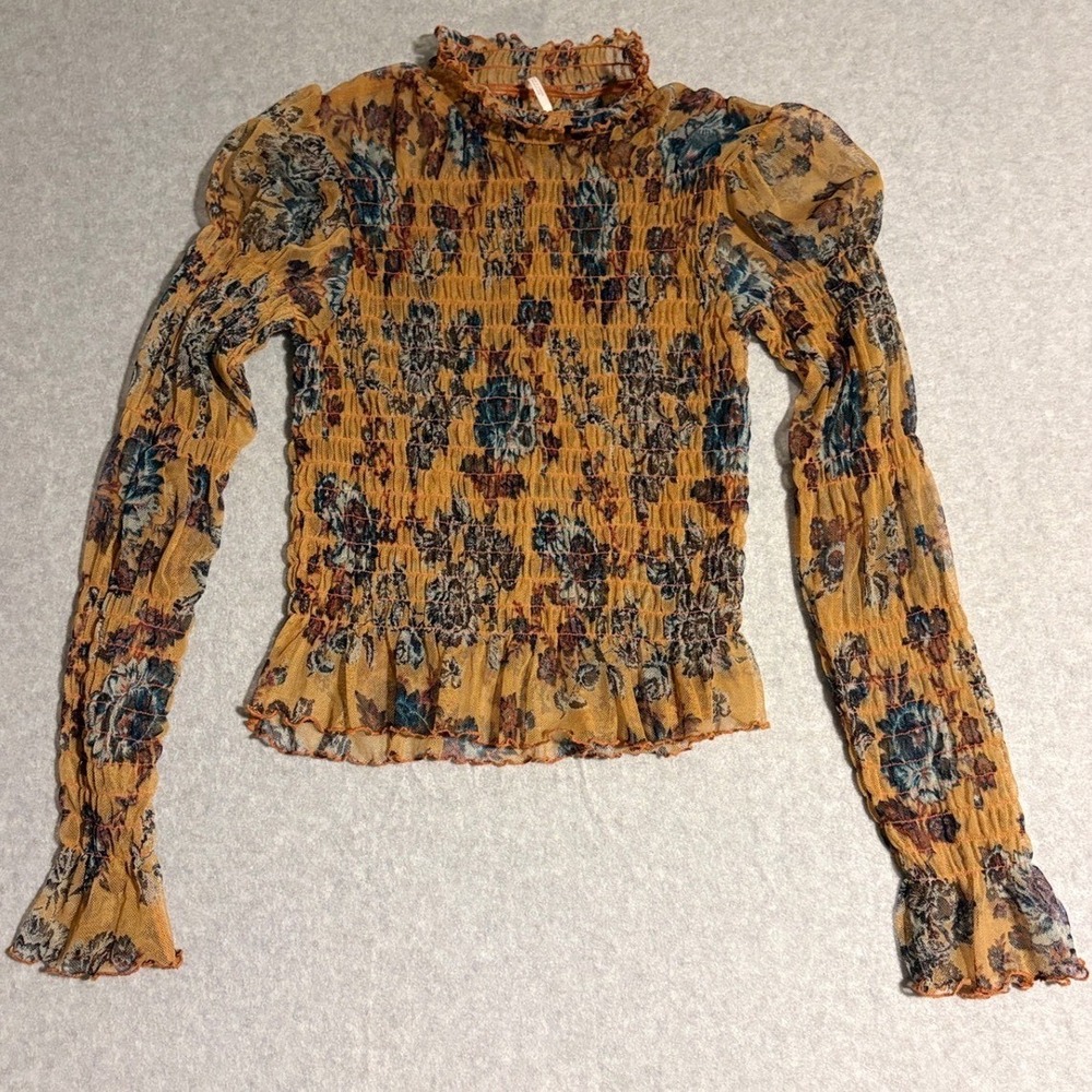 Free People Smocked Mesh Top Womens Small Yellow Floral Excellent Mock Neck Boho